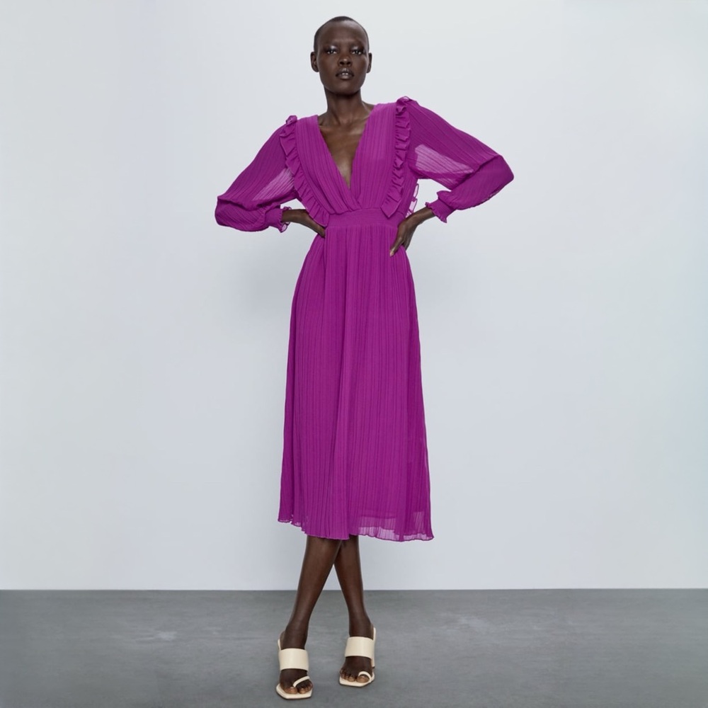 Zara Orchid Purple Deep V-Neck Ruffle Pleated Midi Dress